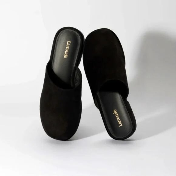 Larroude Miso Flatform Platform CLOGS Slip On Size 8.5 Black Suede Leather EUC - Picture 5 of 16